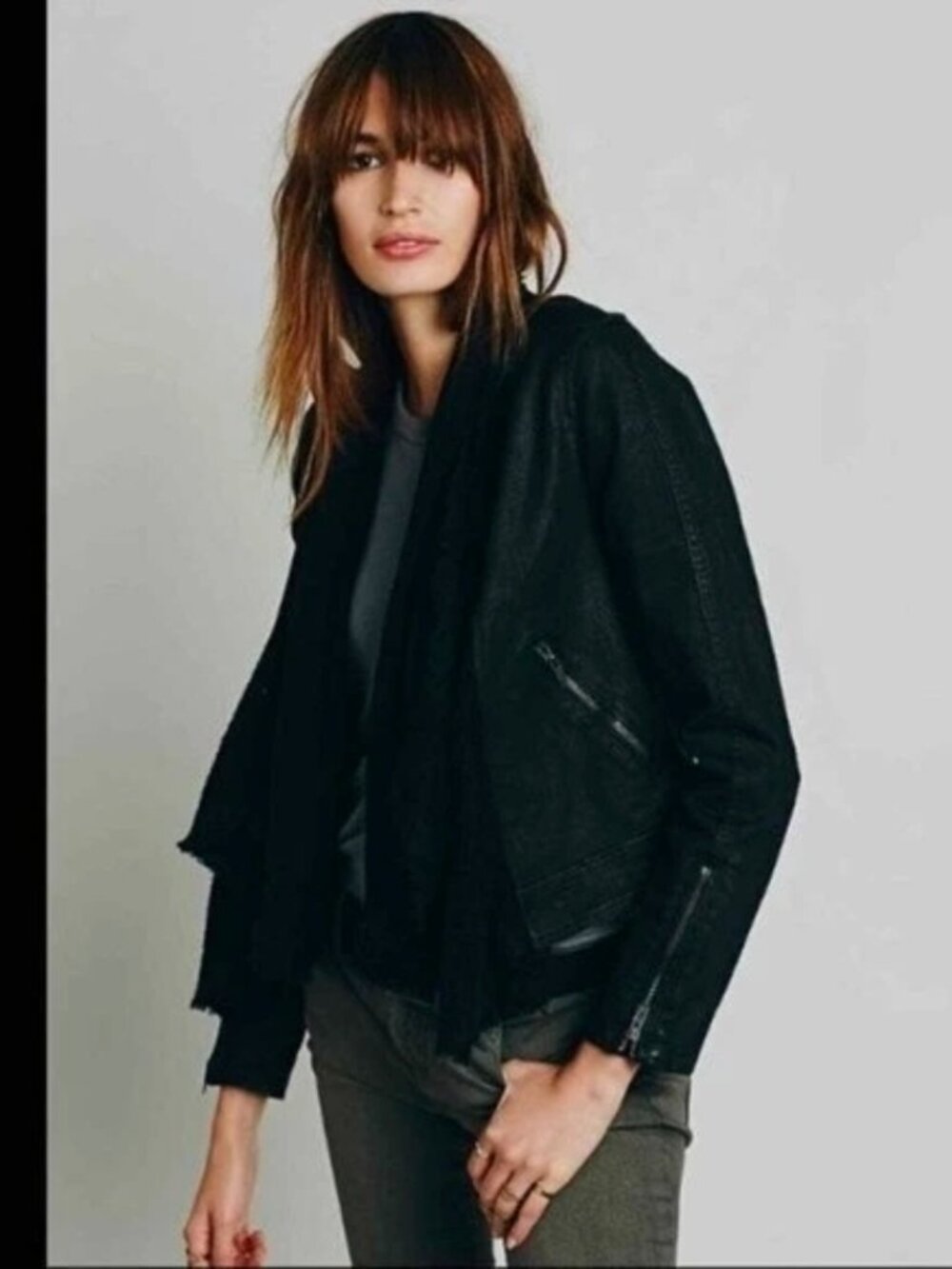 Free People Black Shawl Waxed Denim Moto Jacket